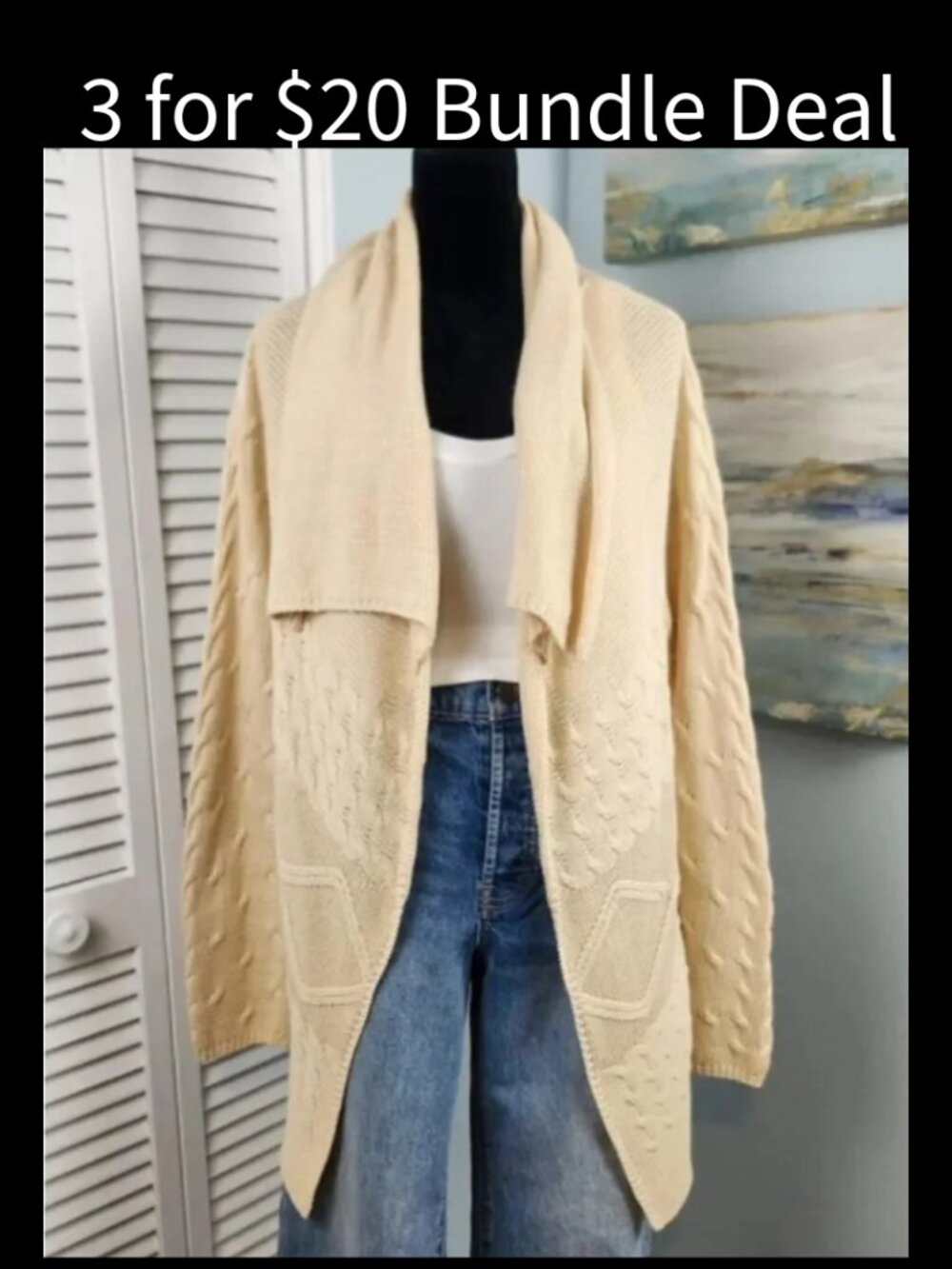 Studio JPR Cardigan Cream Cable Knit Open Front M/L